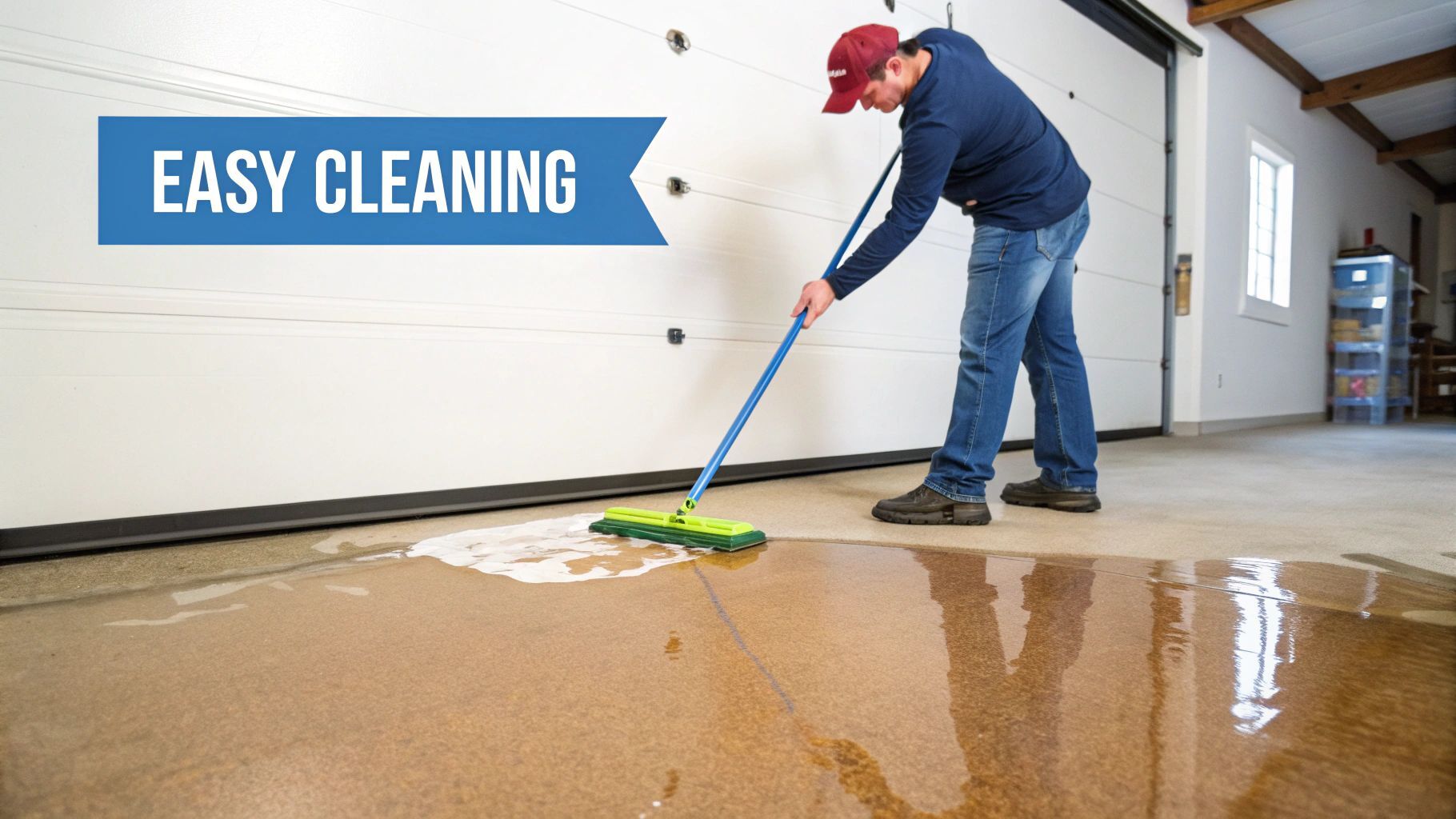 Man using a mop on a glossy epoxy garage floor, demonstrating easy cleaning and maintenance benefits of epoxy coatings.