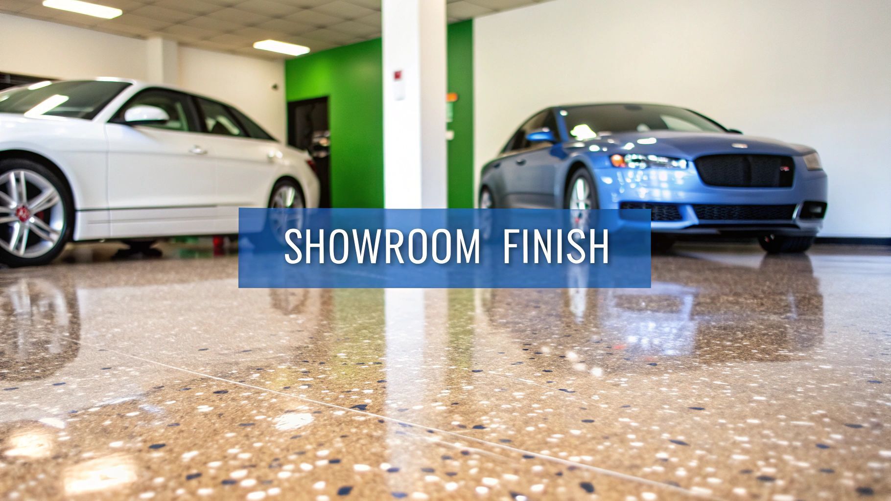 Showroom finish epoxy garage floor reflecting light, enhancing visual appeal, with two vehicles displayed in a polished, vibrant environment.