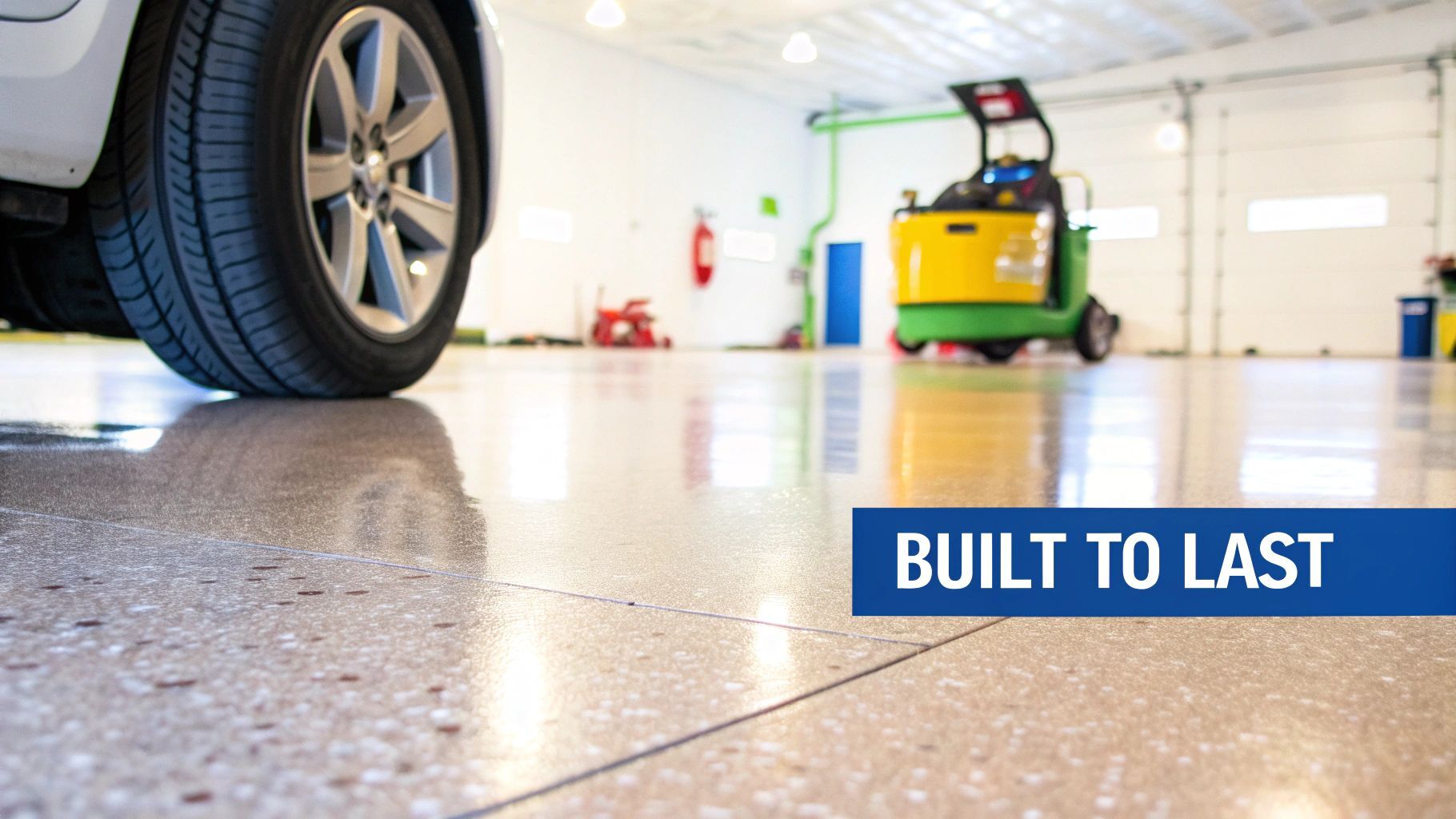 Epoxy garage floor with a vehicle tire, showcasing a durable, polished surface and a cleaning machine in the background, emphasizing longevity and resilience.
