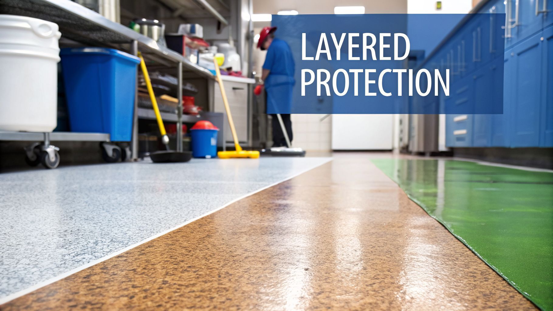 Layered protection of epoxy flooring in a commercial kitchen, featuring a smooth surface with slip-resistant aggregates, cleaning tools, and a worker maintaining hygiene standards.