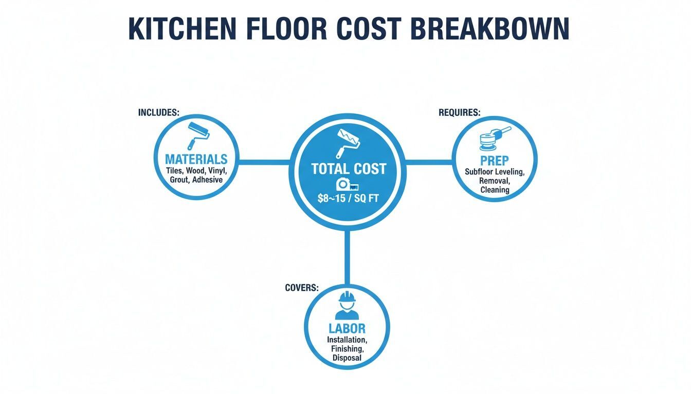 Kitchen floor cost breakdown infographic highlighting total cost, required materials, and labor for commercial kitchen epoxy flooring, emphasizing preparation steps like subfloor leveling and cleaning.