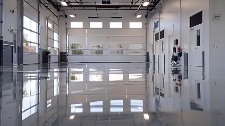 Modern garage interior with glossy epoxy flooring reflecting overhead lights and windows, showcasing a clean and professional space ideal for commercial use in San Diego.