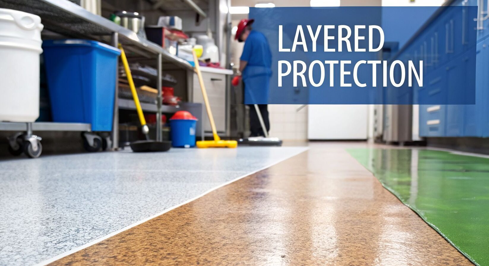 Commercial kitchen flooring showcasing layered epoxy protection, featuring a mix of textured surfaces and cleaning equipment, emphasizing durability and hygiene.