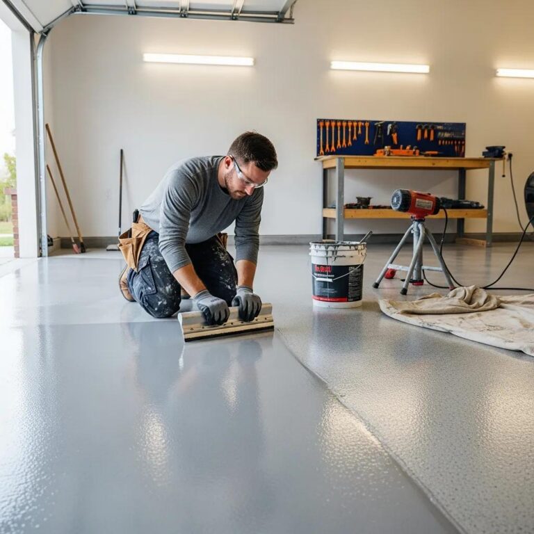 Professional contractor applying epoxy concrete coating in a well-lit garage environment, showcasing tools and materials for flooring installation.