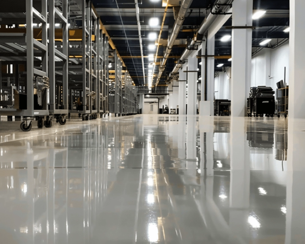 High-gloss epoxy flooring in a spacious industrial setting, showcasing durability and modern design, relevant to Pristine Coatings' high-end epoxy flooring services for luxury homes in Rancho Santa Fe.
