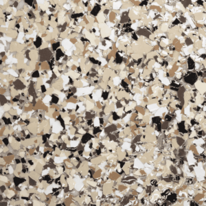 Chestnut epoxy floor flake sample showcasing a blend of brown, beige, and white tones, reflecting durability and aesthetic appeal for residential and commercial spaces.