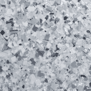 Epoxy floor flake sample in a blend of grey and white tones, showcasing durability and aesthetic appeal for Pristine Epoxy flooring solutions.