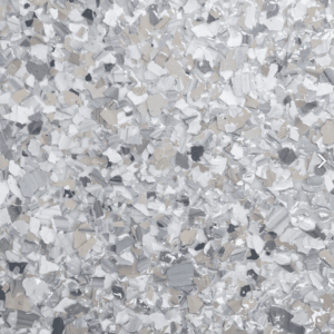 Epoxy floor flake sample in shades of gray, silver, and white, showcasing a durable and aesthetic coating option for residential and commercial spaces.
