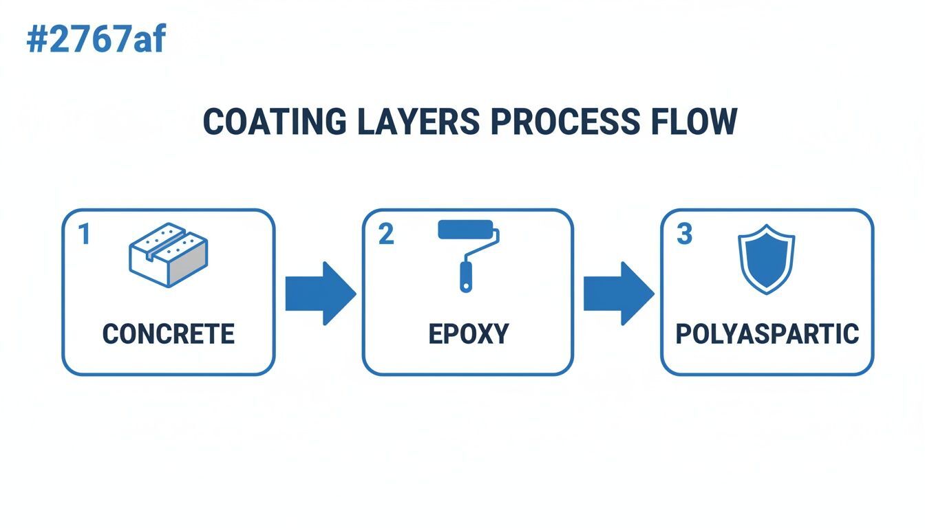 Coating layers process flow diagram illustrating steps: concrete preparation, epoxy application, and polyaspartic topcoat for garage floor coatings.