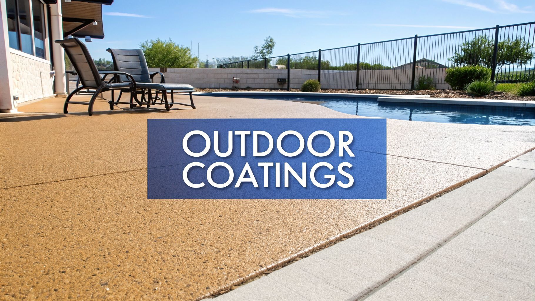 Outdoor concrete surface with a polished finish, featuring text overlay "OUTDOOR COATINGS," showcasing versatility and durability of epoxy and polyaspartic systems for residential and commercial applications.