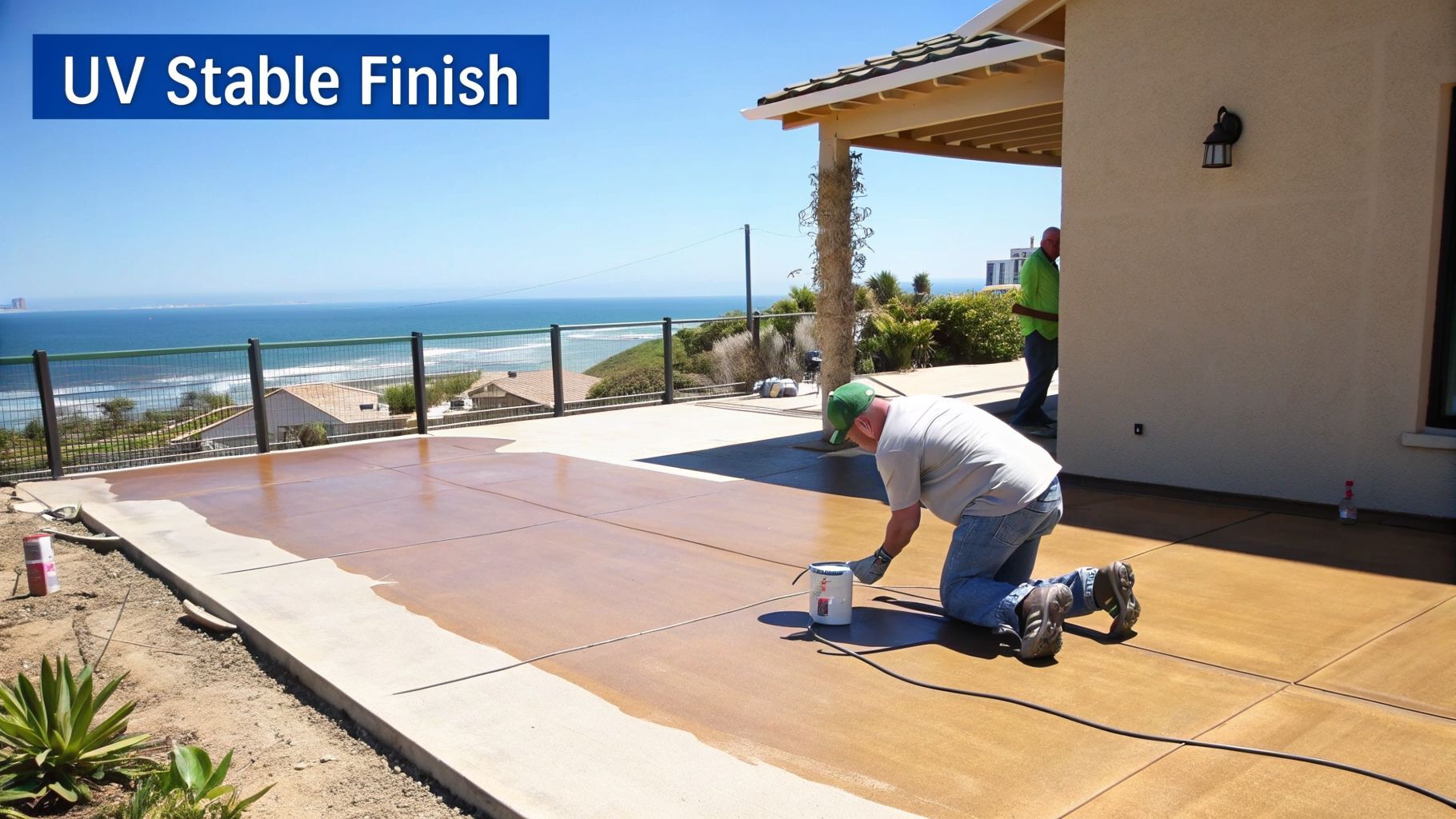 Pristine Epoxy Floor Coatings | A Homeowner's Guide to Decorative Concrete in San Diego: Durability Meets Design Man applying a UV stable polyaspartic coating on decorative concrete patio with ocean view in San Diego, showcasing durability and resistance to sunlight.