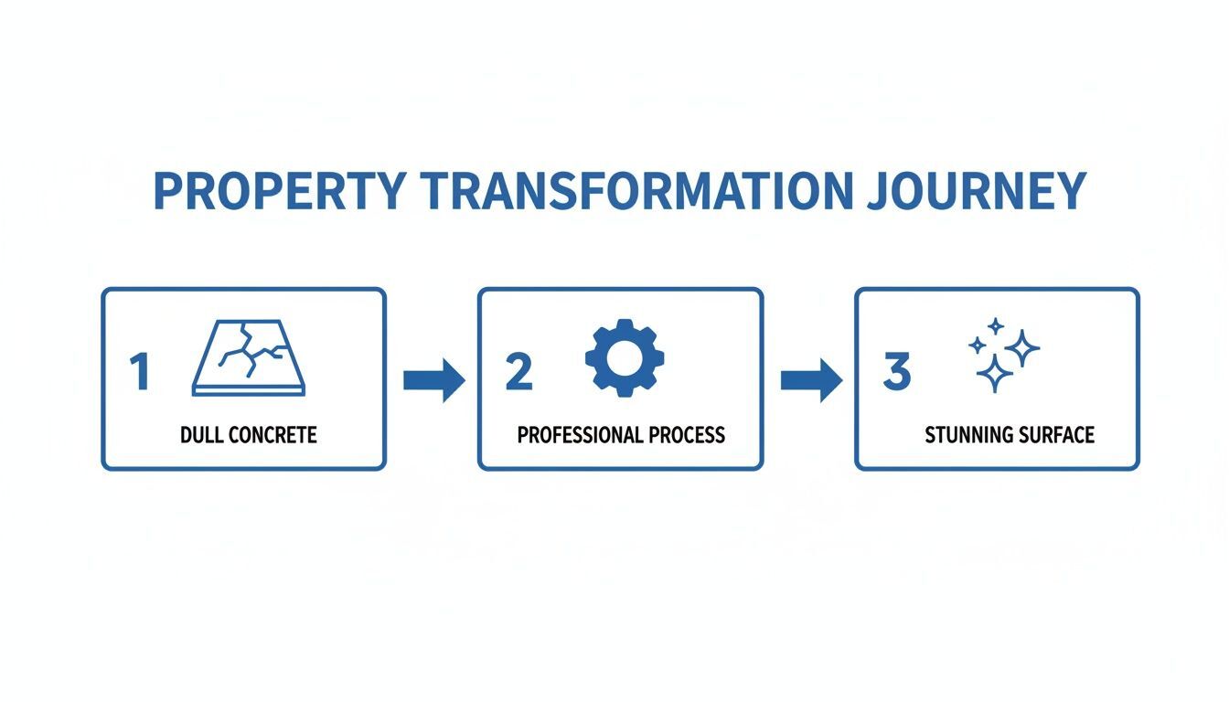 Pristine Epoxy Floor Coatings | A Homeowner's Guide to Decorative Concrete in San Diego: Durability Meets Design Property transformation journey diagram illustrating three stages: dull concrete, professional process, and stunning surface, emphasizing the importance of quality in decorative concrete solutions.