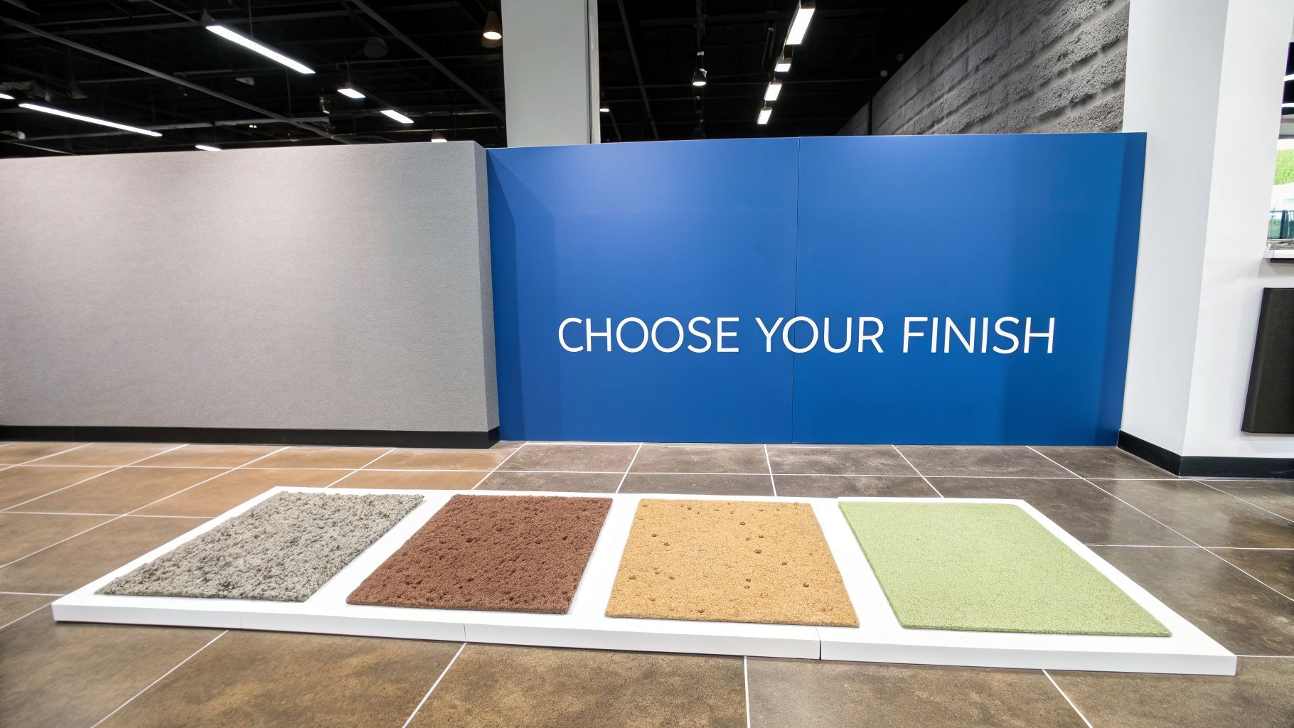 Decorative concrete finish samples displayed in a showroom with a blue wall sign reading "CHOOSE YOUR FINISH," highlighting options for enhancing garage and commercial flooring aesthetics in San Diego.