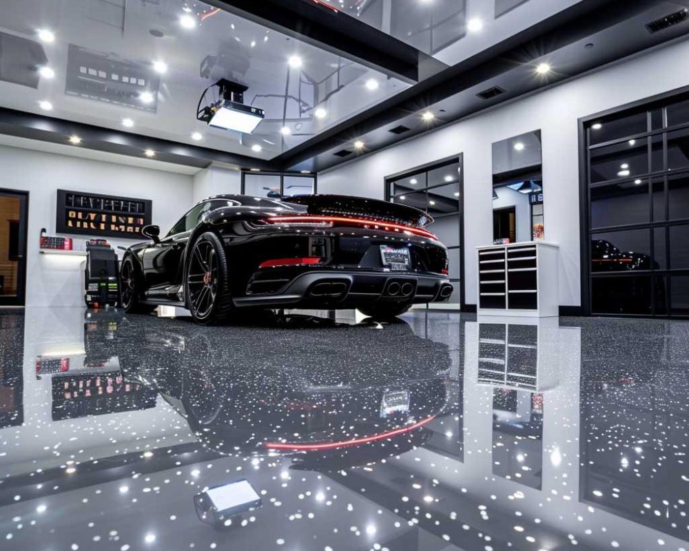 Modern garage interior featuring a sleek black sports car on a glossy epoxy floor with reflective speckles, showcasing premium epoxy flooring solutions by Pristine Coatings for durability and aesthetic appeal.