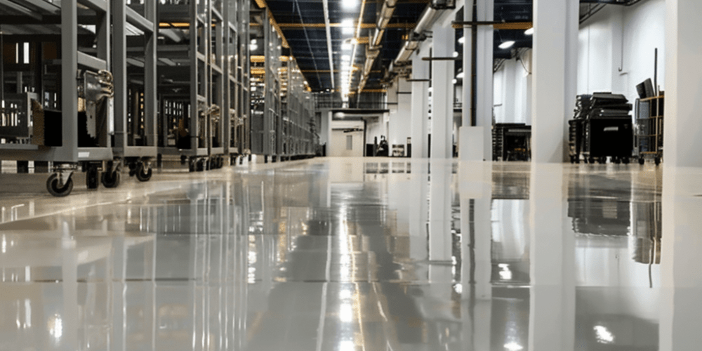 Epoxy flooring in a spacious commercial setting, showcasing a smooth, shiny surface reflecting overhead lights and shelving units, highlighting cleanliness and durability for businesses.