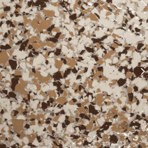 Eucalyptus epoxy floor flake sample showcasing a blend of beige, brown, and white colors, emphasizing durability and aesthetic appeal for residential and commercial spaces.
