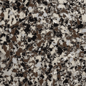 Rustic Brown epoxy floor flake sample showcasing a blend of brown, black, and white tones, emphasizing durability and aesthetic appeal for residential and commercial spaces.