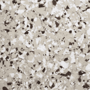 Swiss Coffee epoxy floor flake sample featuring a blend of cream, white, and brown tones, illustrating the aesthetic options available from Pristine Epoxy for durable and attractive flooring solutions.