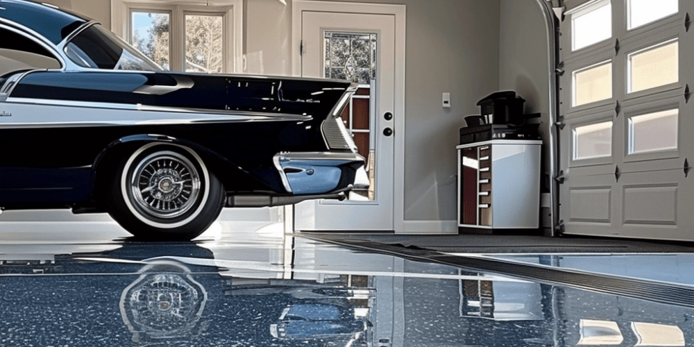 Classic car parked on a glossy flake epoxy garage floor, reflecting modern garage features and natural light.
