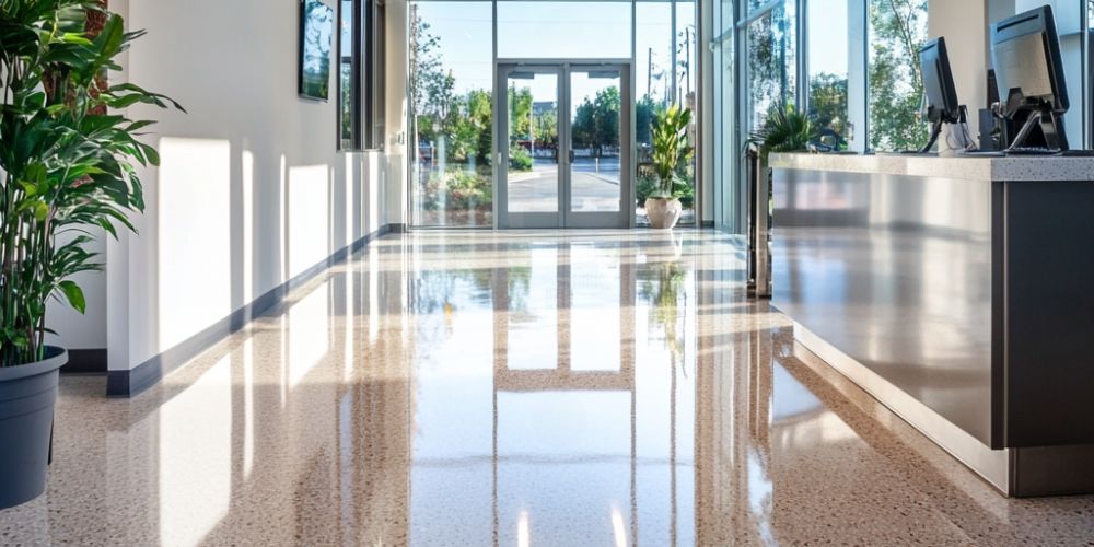 Polished concrete flooring in a modern commercial space, showcasing a high-gloss finish and bright, inviting atmosphere, complemented by greenery and sleek reception area.