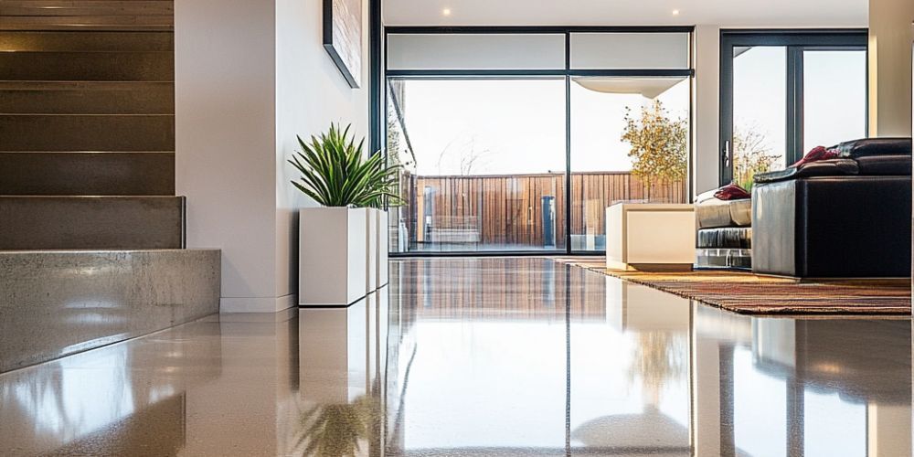 Polished concrete flooring reflecting natural light in a modern living space, showcasing durability and aesthetic appeal, with a potted plant and contemporary furniture in the background.