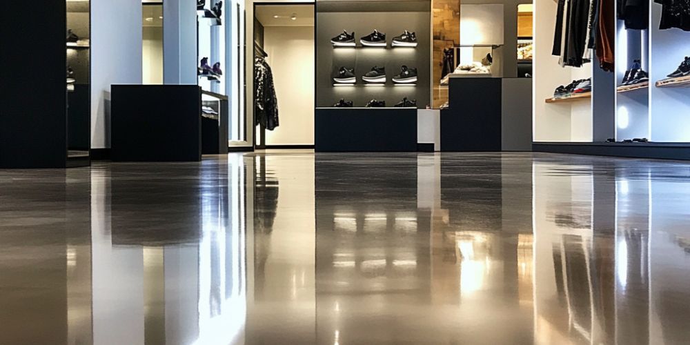 Polished concrete floor in a modern retail space showcasing high-gloss finish, reflecting light and enhancing the aesthetic appeal of the environment.