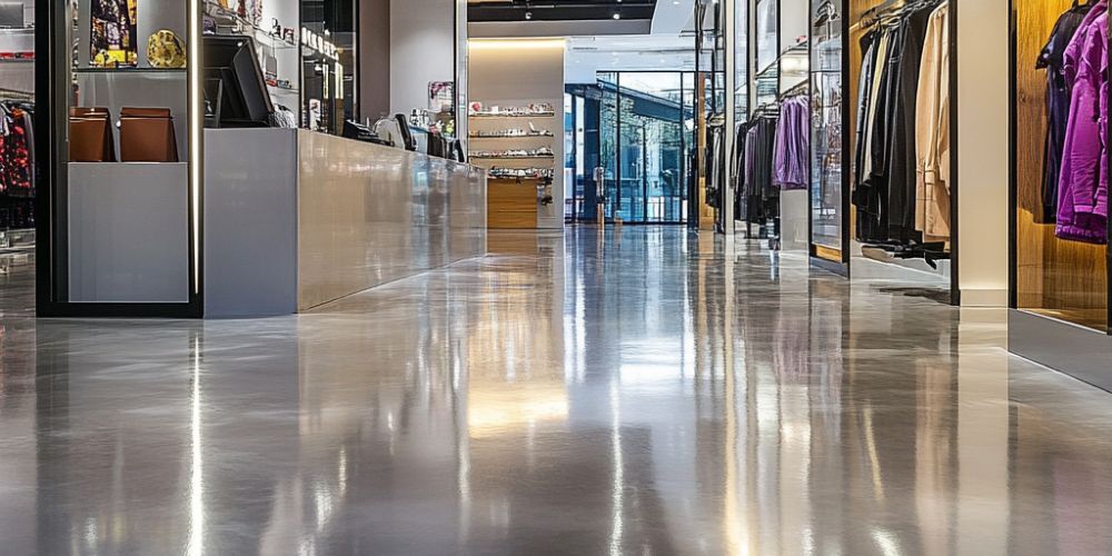 Polished concrete floor in a retail store showcasing a glossy finish, enhancing lighting and durability for high foot traffic areas.
