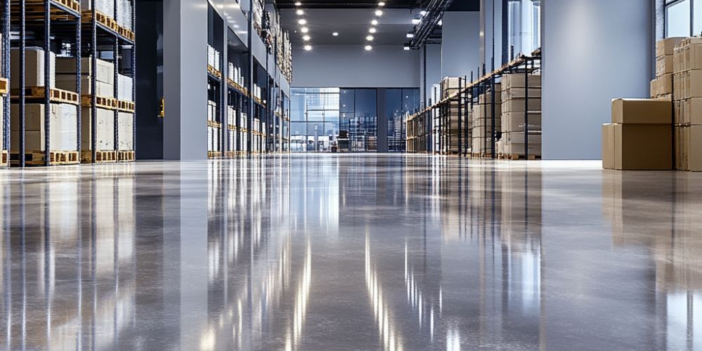 Commercial warehouse interior featuring polished epoxy flooring, storage shelves with boxes, and bright overhead lighting, emphasizing durability and maintenance for San Diego commercial properties.