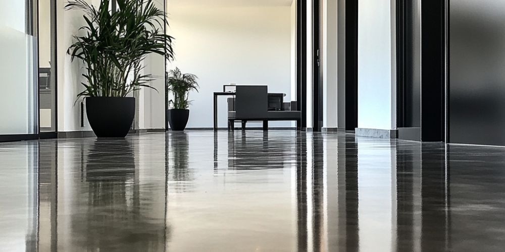 Polished concrete floor in modern office hallway, featuring glossy finish, potted plants, and sleek furniture, illustrating low-maintenance and professional aesthetic for commercial spaces.