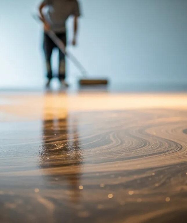 Person applying epoxy coating on a polished floor, showcasing the glossy finish and durability of epoxy flooring solutions.
