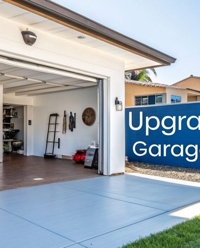 Upgraded garage with epoxy flooring, open garage door, modern design, and storage solutions, emphasizing benefits of epoxy flooring for residential spaces in San Diego.