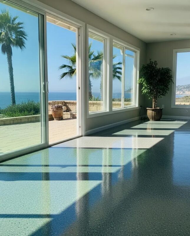 Epoxy floor in a coastal home showcasing durability and moisture resistance, with large windows revealing ocean views and palm trees outside.