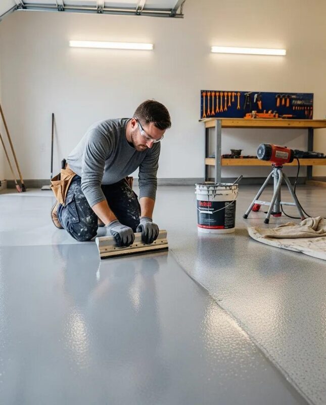 Professional contractor applying epoxy concrete coating in a well-lit garage environment, showcasing tools and materials for high-quality flooring solutions.