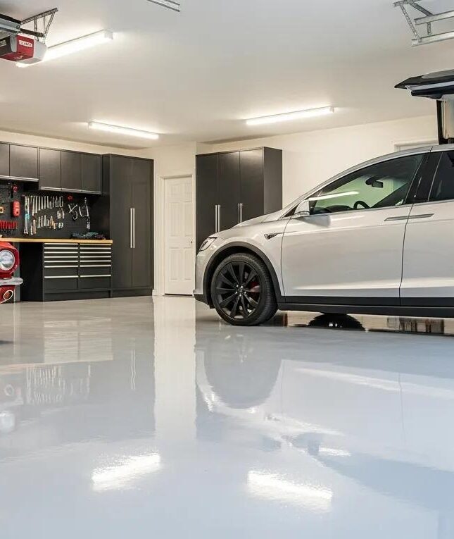 Garage interior featuring a polished epoxy floor, a silver vehicle parked beside a vintage car, and organized tool storage against the wall.