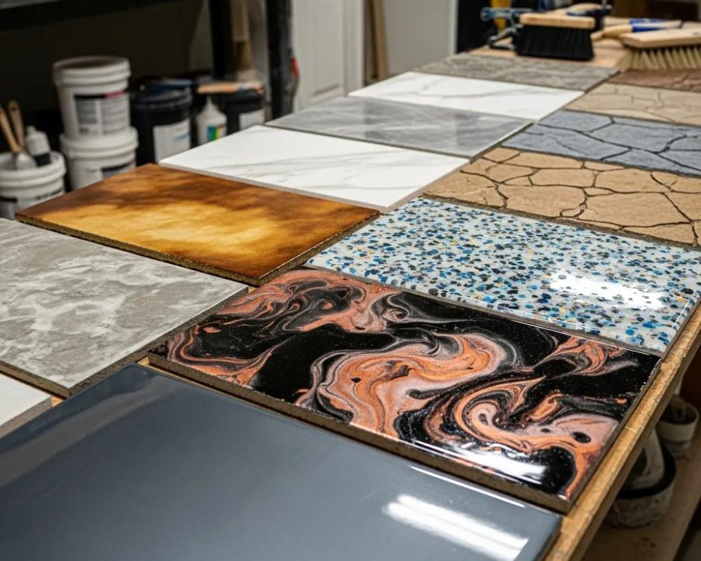 Samples of various epoxy floor coatings displayed in a workshop setting, showcasing different colors and textures for residential and commercial applications.