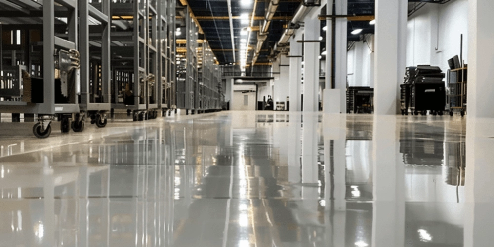 Epoxy flooring in a spacious commercial setting, showcasing a smooth, shiny surface reflecting overhead lights and shelving units, highlighting cleanliness and durability for businesses.
