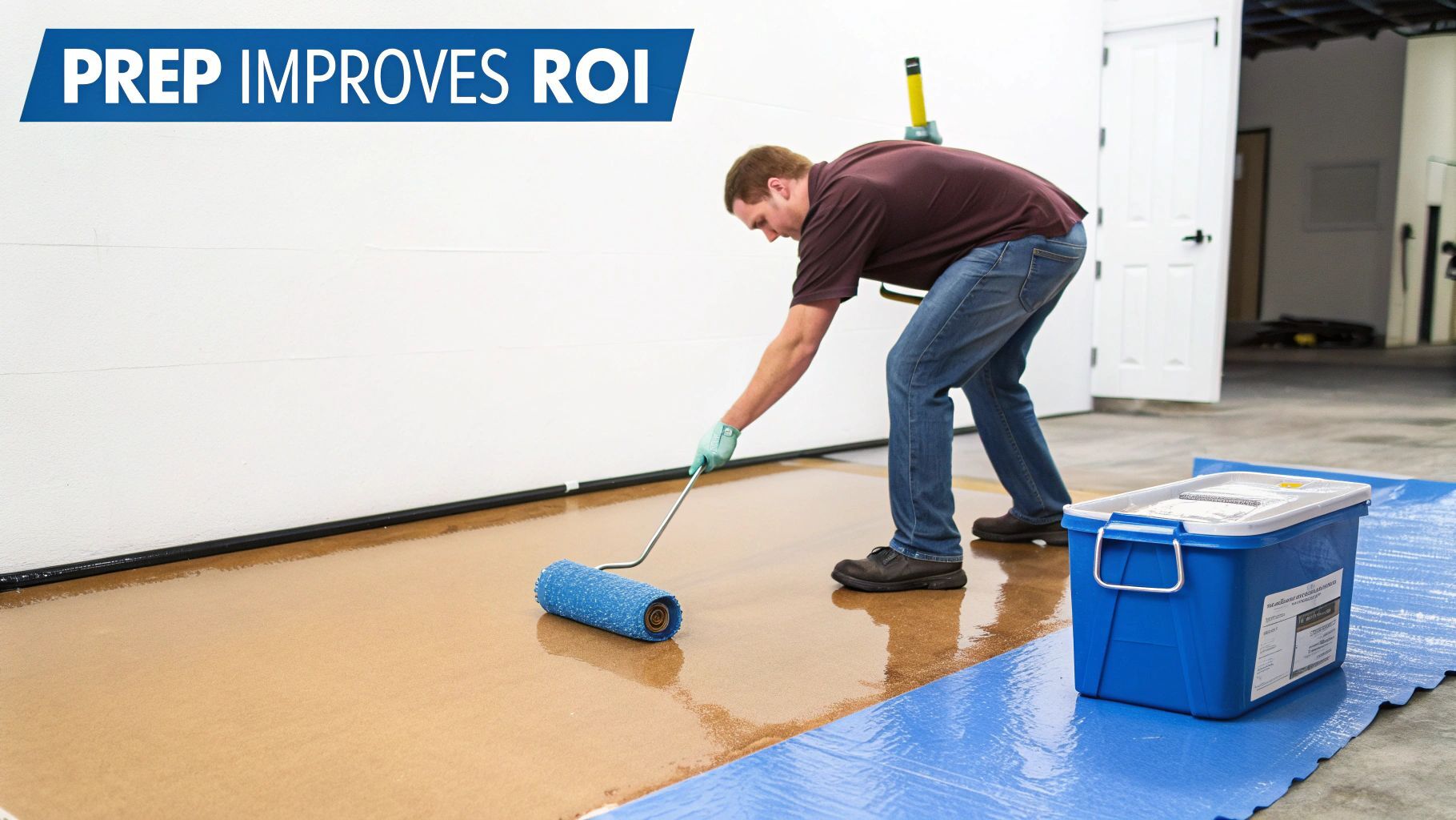 A worker applies a protective polyaspartic floor coating with a roller in a commercial space.