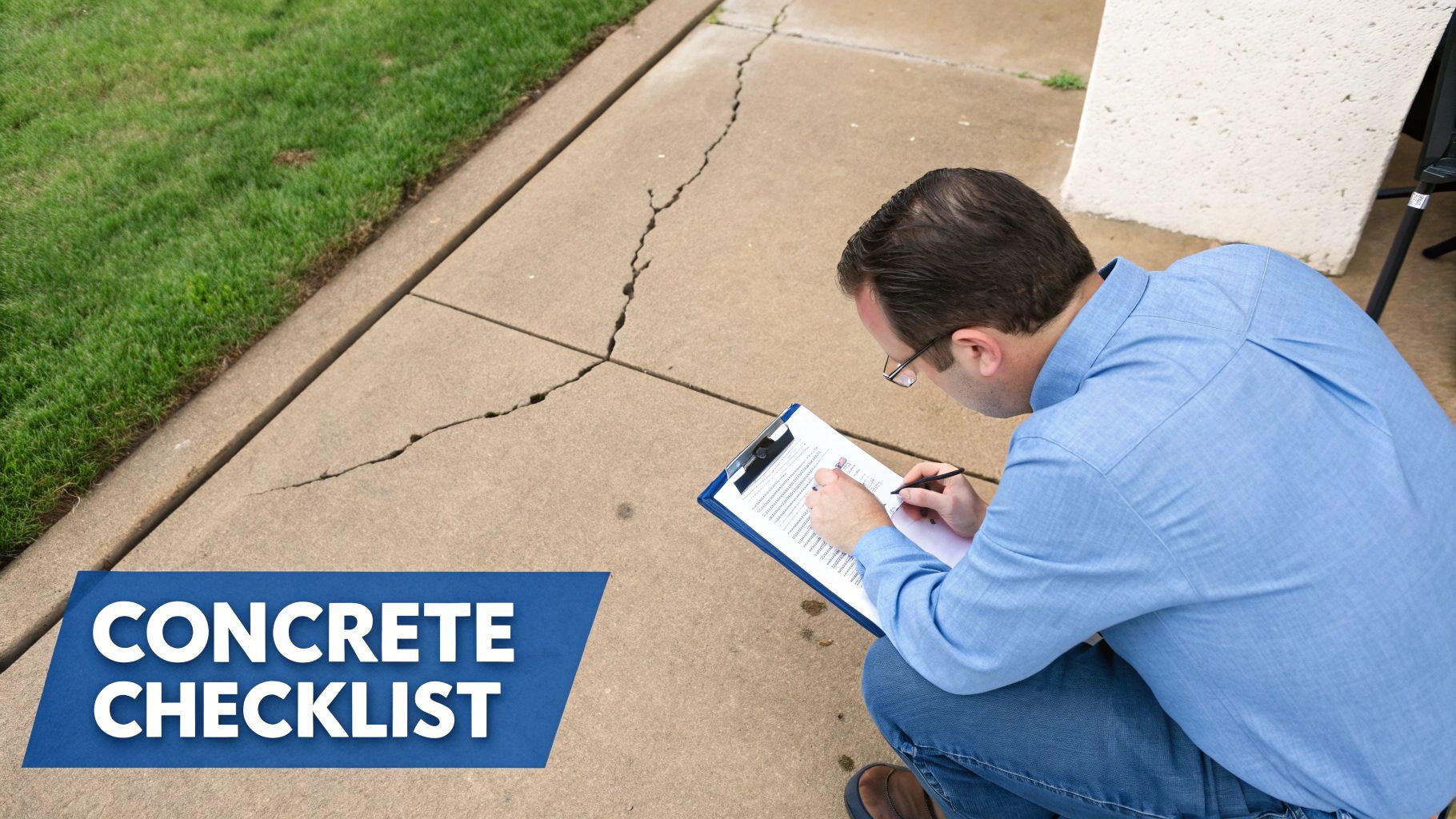A man inspects a cracked concrete sidewalk and writes on a clipboard with a 'Concrete Checklist' overlay.