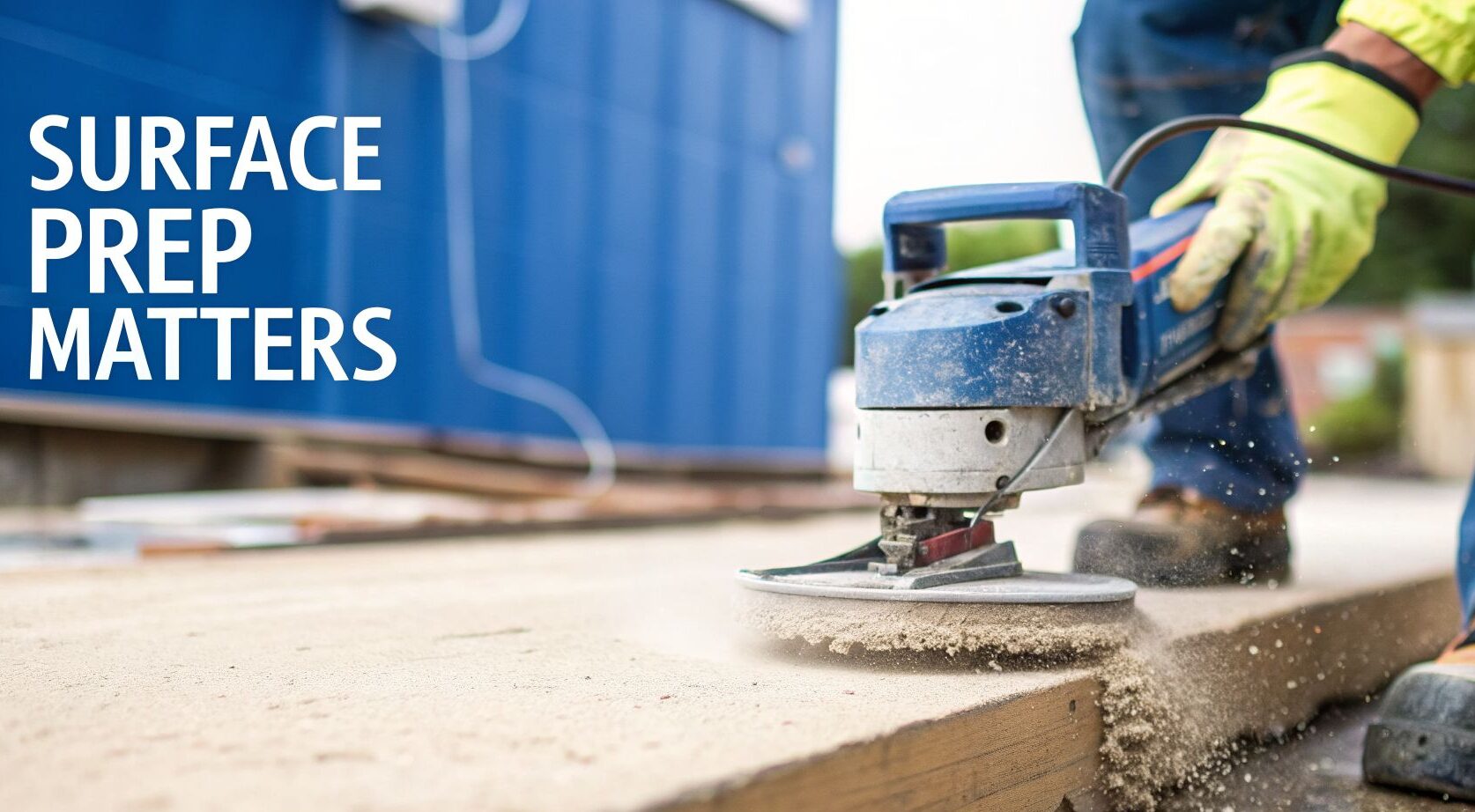 Surface preparation for concrete coating, highlighting the importance of quality craftsmanship and industrial-grade materials.