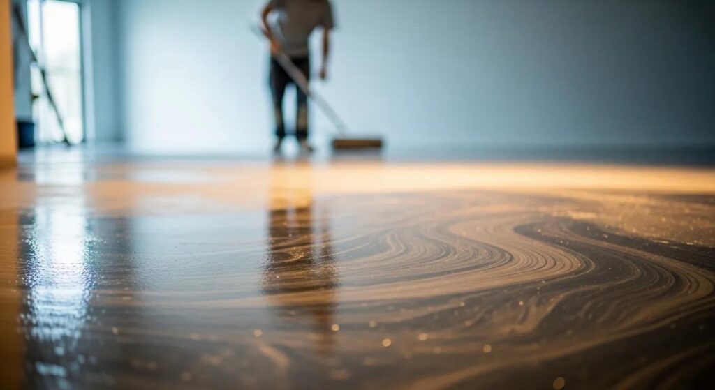 Person applying epoxy flooring in a spacious area, showcasing the glossy surface and highlighting the process of enhancing durability and maintenance of epoxy floors.