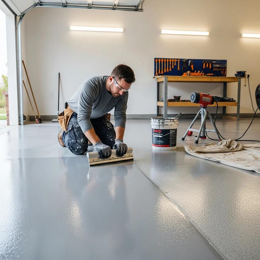Professional contractor applying concrete coating in a well-lit environment