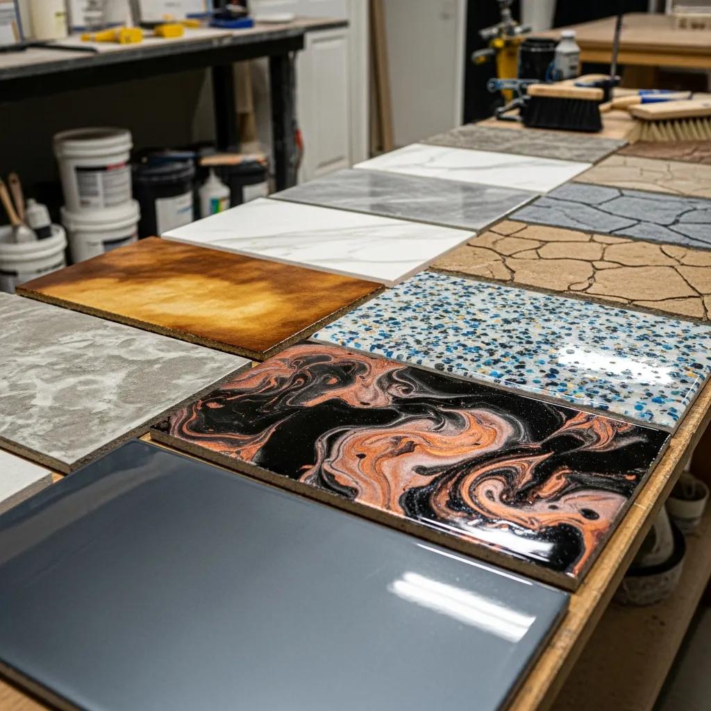Samples of different concrete coatings displayed in a workshop setting