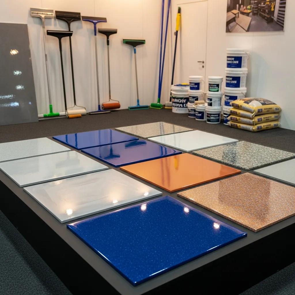 Variety of epoxy floor coatings demonstrating durability and moisture resistance
