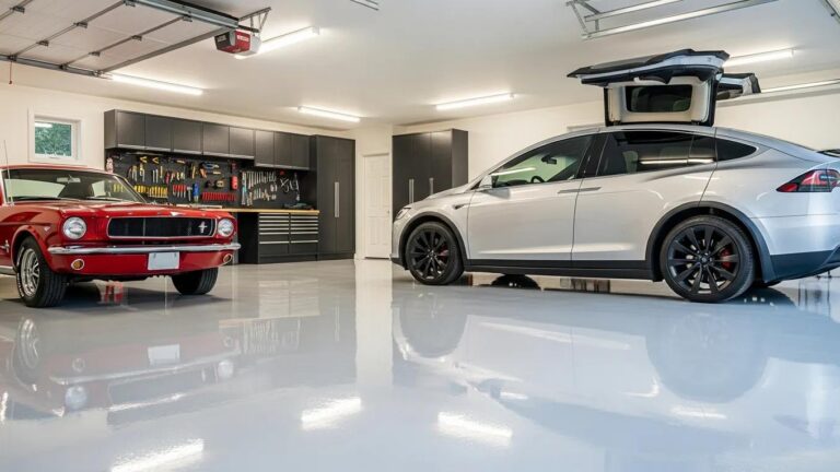 Glossy polyaspartic garage floor coating in a well-lit garage setting